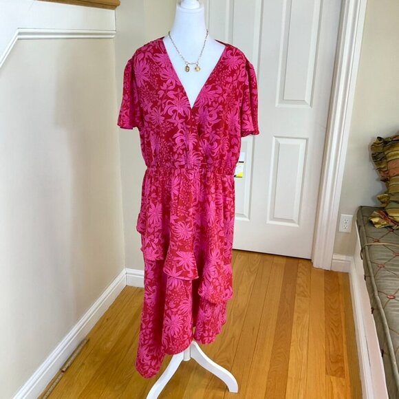Sofia Dress Red Pink Floral Faux Wrap Short Sleeve Midi Asymmetrical Hem (XXL) - Picture 1 of 8